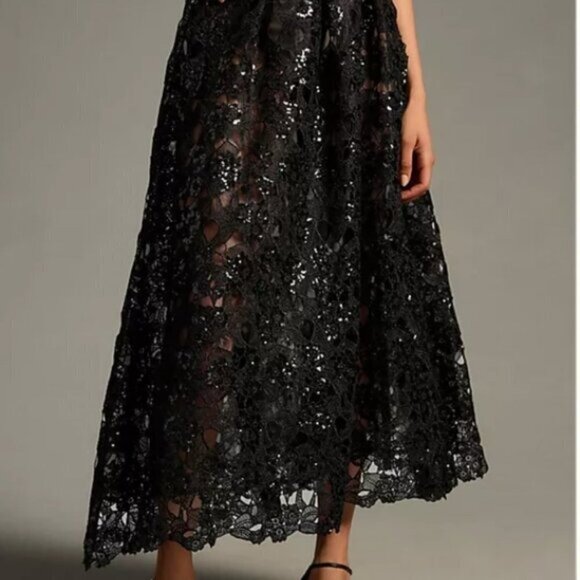 Eva Franco Embroidered Lace Shine Maxi Skirt – Size 6 – Black Lace Statement - Picture 2 of 5